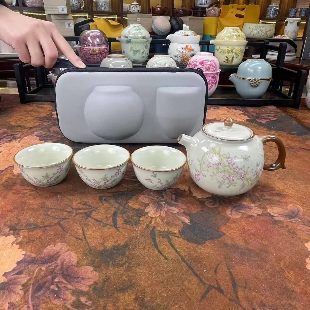 1650黄汝桃花手把壶旅行套装户外陶瓷便携