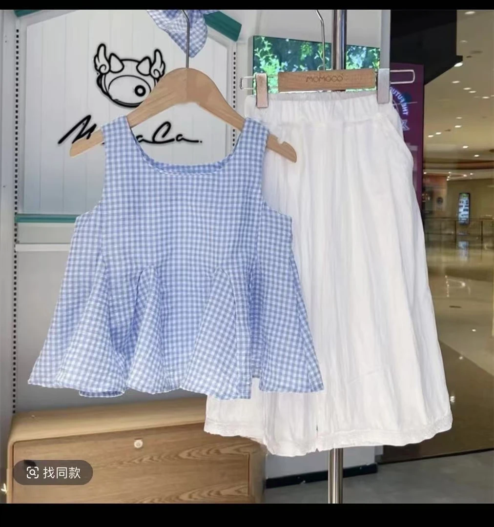 女童格子无袖娃娃衫套装夏季2025新款花边背心冰丝九分阔腿裤防蚊
