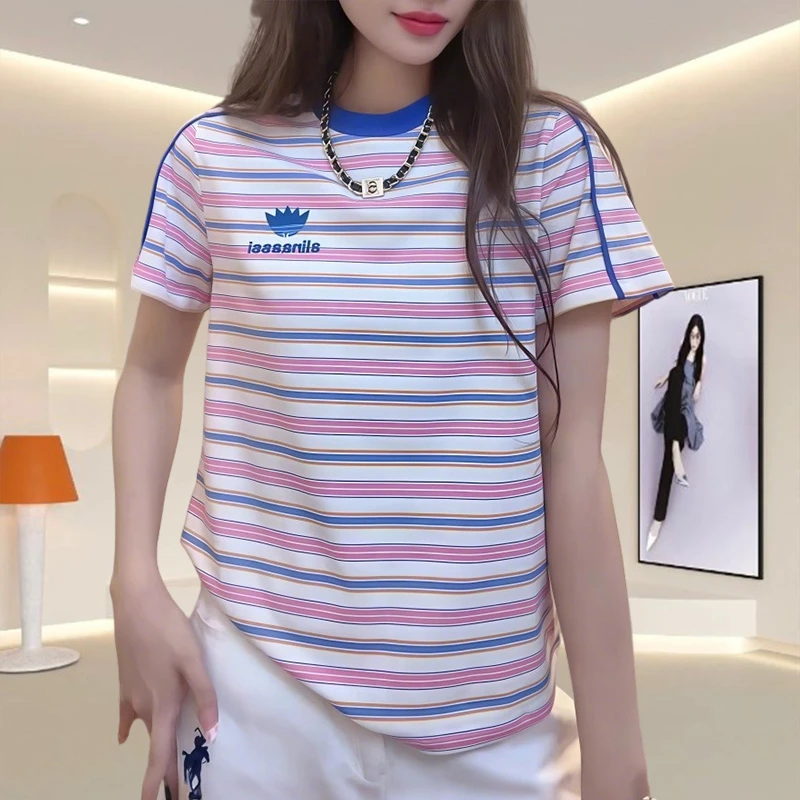 夏季新款彩色条纹小个子t恤女款短袖韩版显瘦圆领大版型纯棉上衣