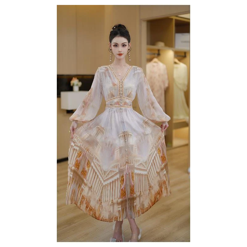 2025春季公主风法式优雅设计感收腰中长款连衣裙女