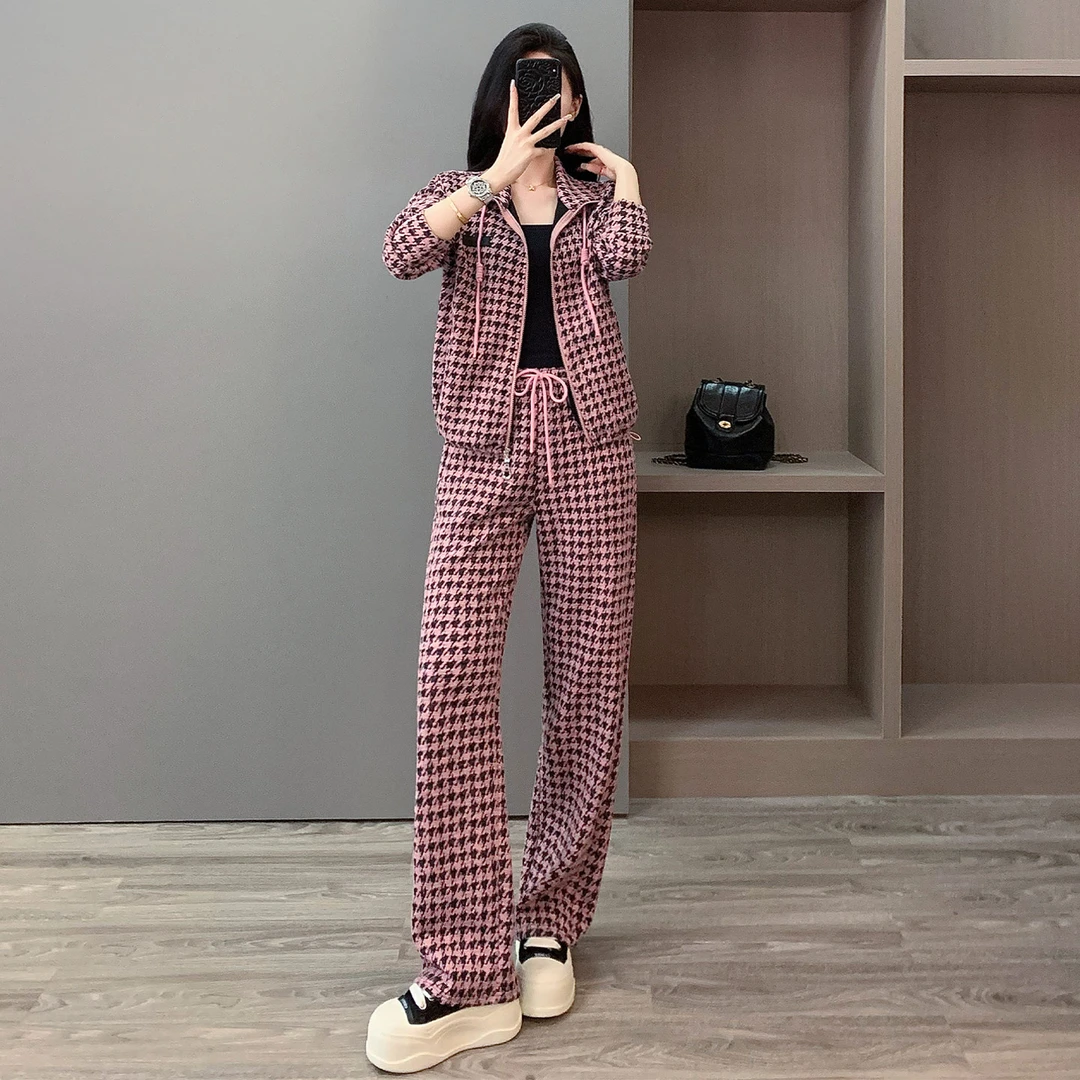 欧货时尚休闲运动套装女秋季新款设计感抽绳立领上衣直筒裤两件套