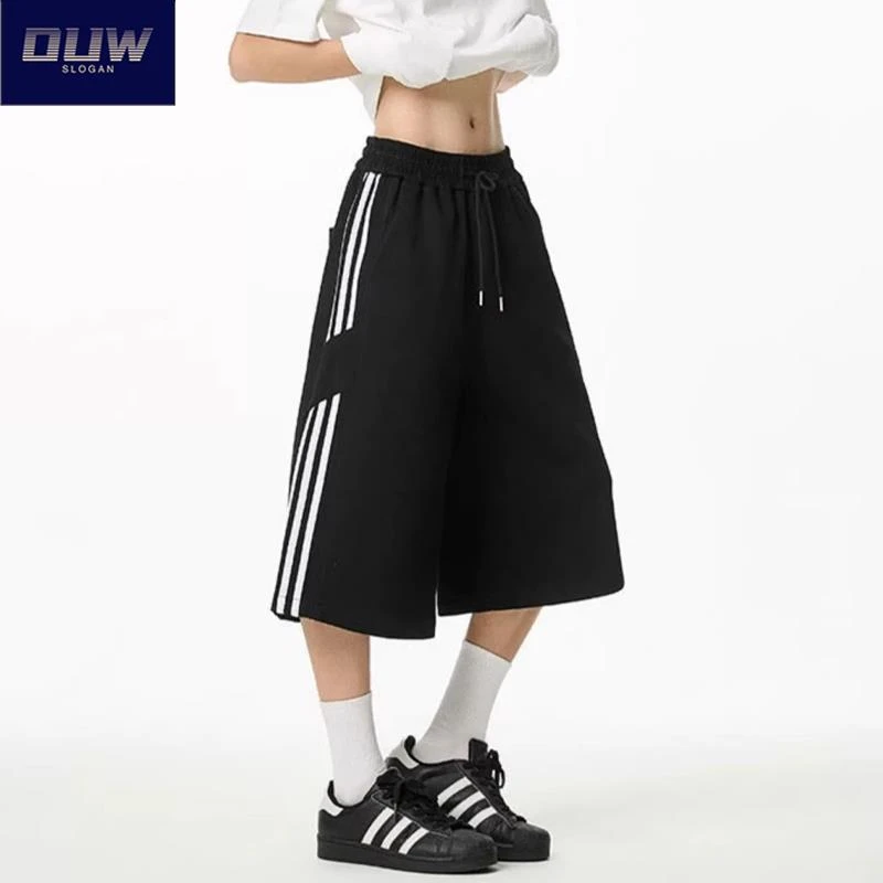 O.U.W条纹7分裤男夏季薄款宽松直筒过膝中裤美式痞帅阔腿运动短裤