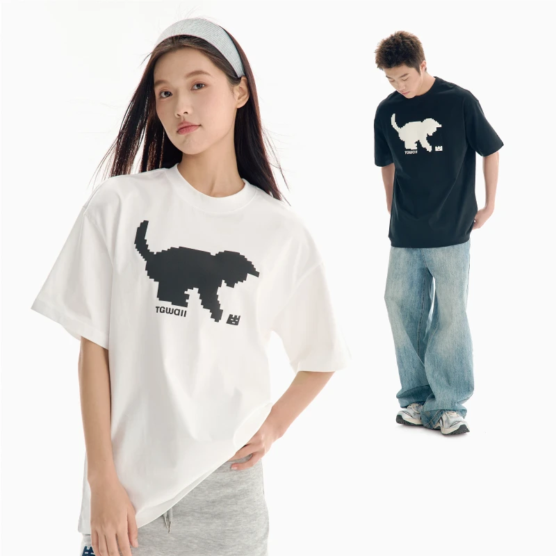 TGWALL「像素猫」发泡趣味印花宽松休闲情侣纯棉圆领短袖T恤男女