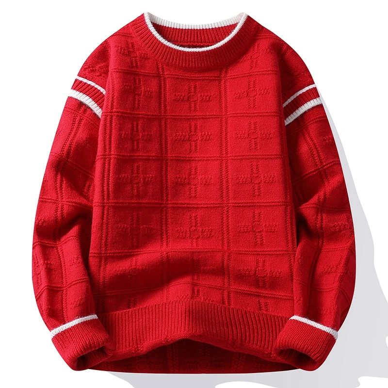 男生毛衣时尚休闲格子针织衫大红色本命年打底衫不起球不变形线衣