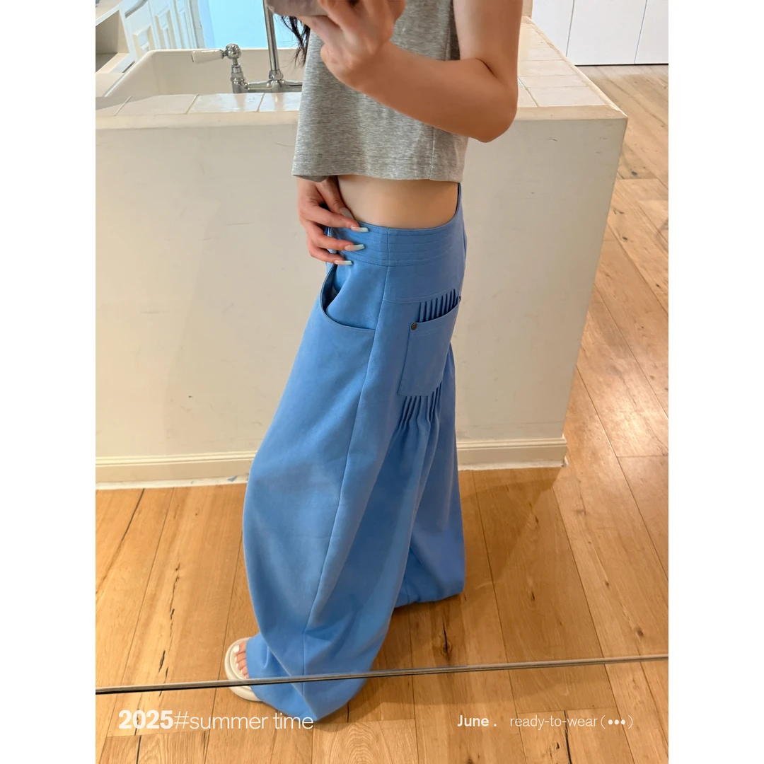 SUNONEONE  方腰头褶裥休闲裤女夏阔腿宽松垂感显瘦裤子H1159K