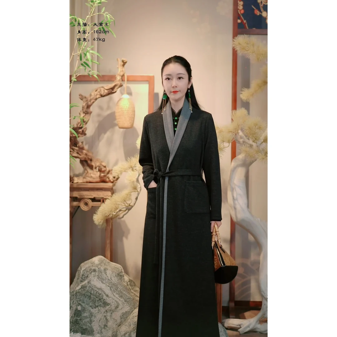 【玄霜玥】秋季新中式素雅纯色翻领系带显瘦气质长款外披