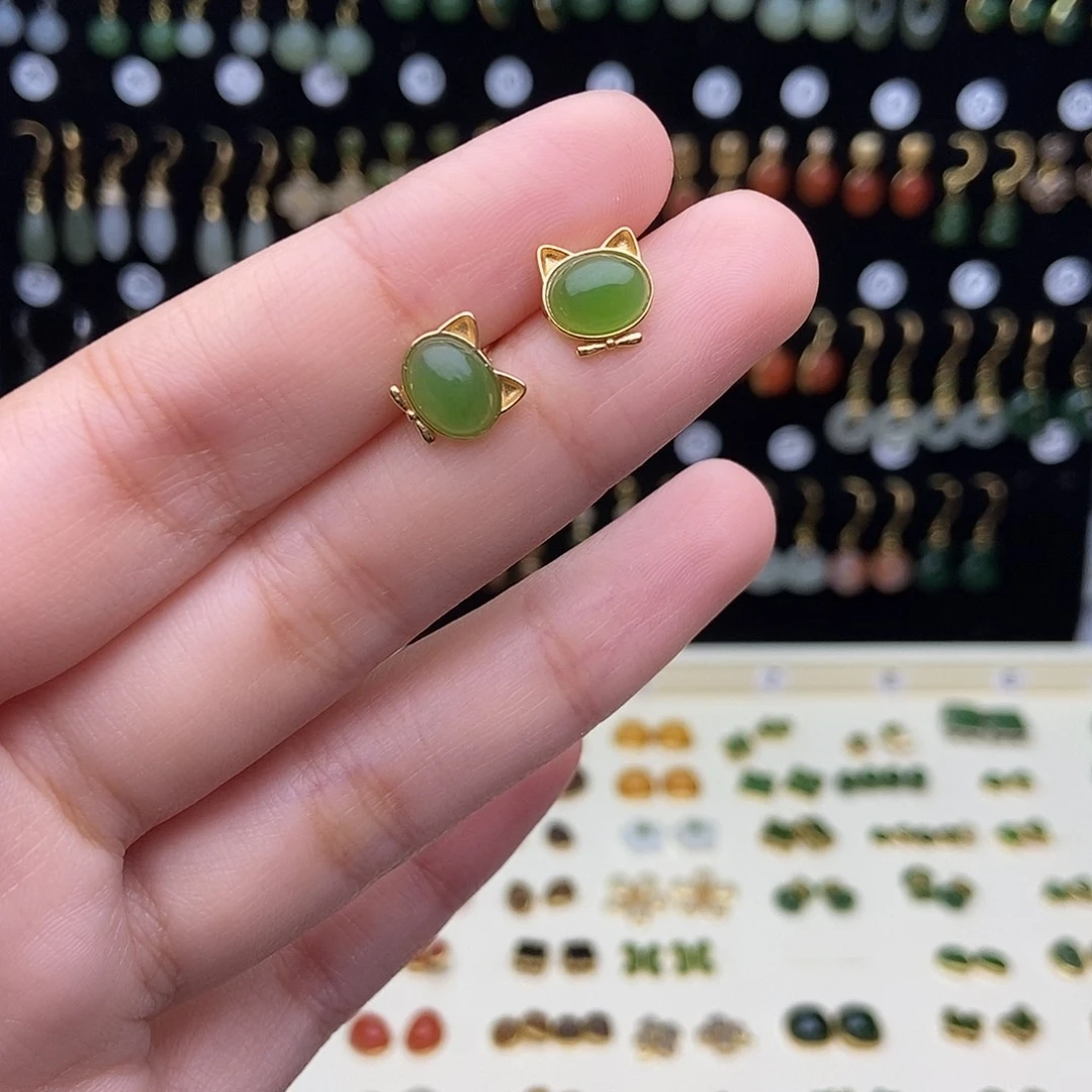 和田玉银S925镶嵌耳饰