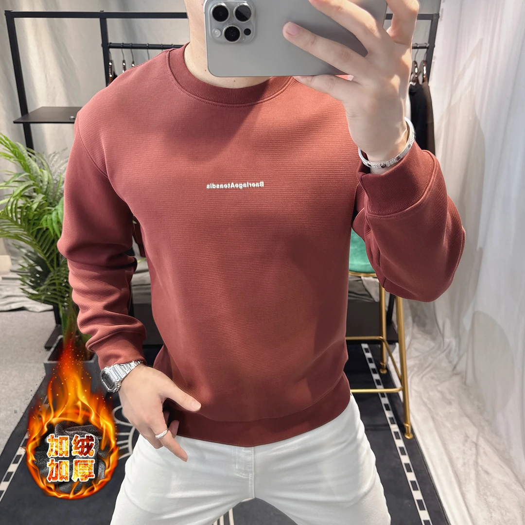 欧洲站时尚简约加绒卫衣男2025新款圆领字母印花宽松套头长袖上衣