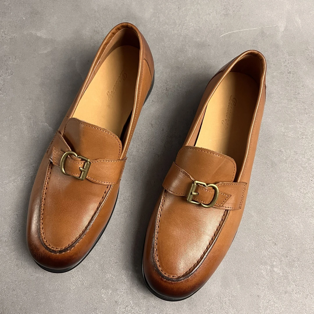 2.5cm英伦风圆头乐福鞋真皮鞋复古鞋休闲鞋低跟一脚蹬皮带扣皮鞋