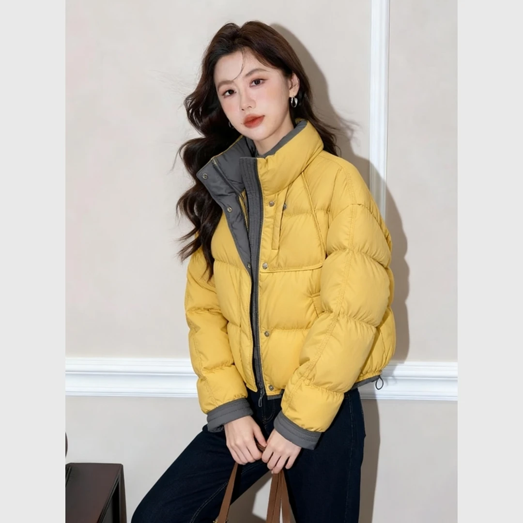 黄色撞色短款羽绒服女款冬季小个子好看厚外套洋气独特别致小棉袄