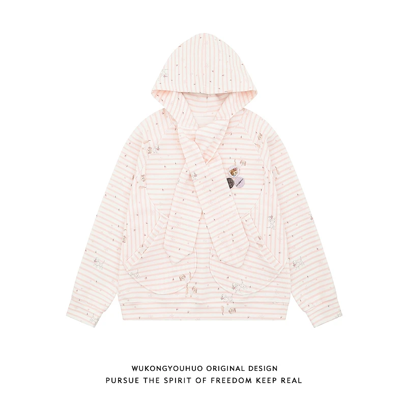 悟空有货复古条纹绑带小狗设计感连帽卫衣男秋季情侣宽松百搭帽衫