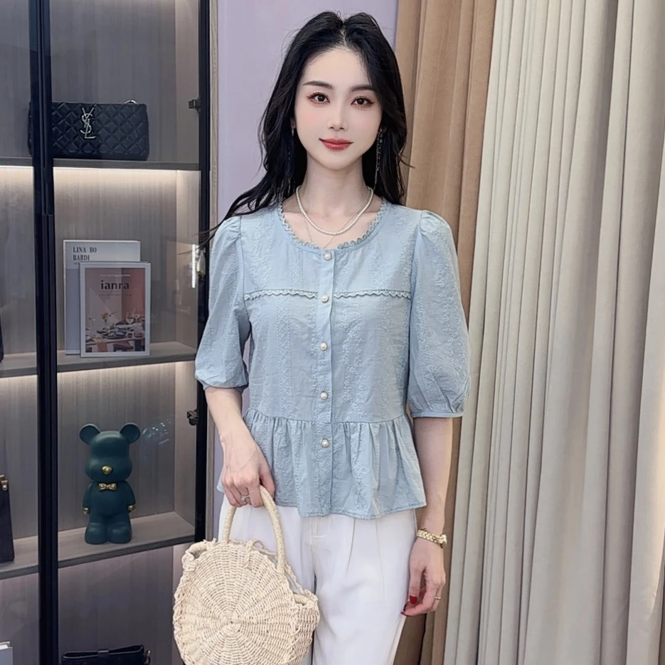 A8690法式圆领花边衬衫女早秋新款洋气减龄显瘦百搭上衣