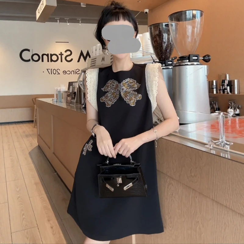 2025夏季新款法式气质圆领无袖蝴蝶结背心裙女宽松显瘦拼接连衣裙