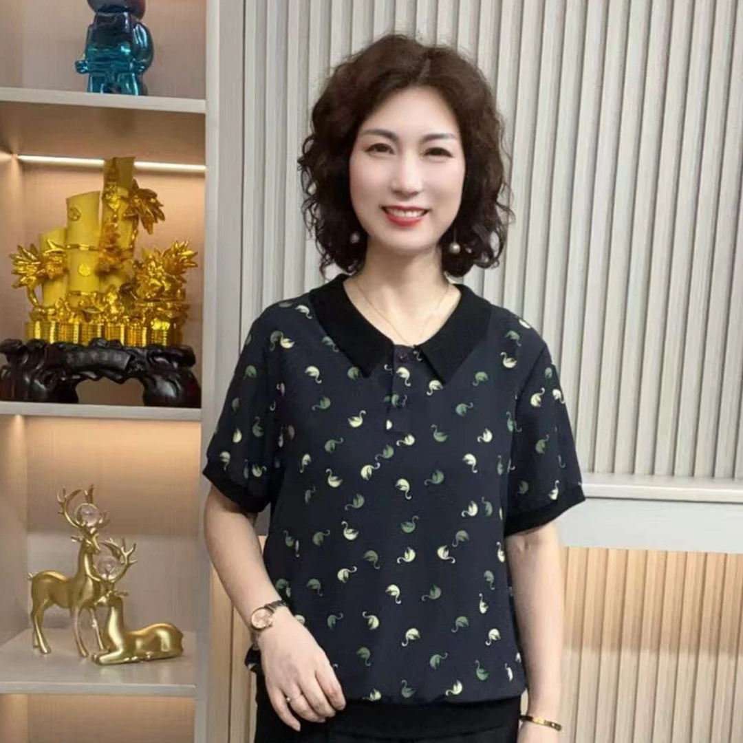 妈妈装流行欧若拉时尚潮牌女装宽松夏装女士独特漂亮上装休闲短袖