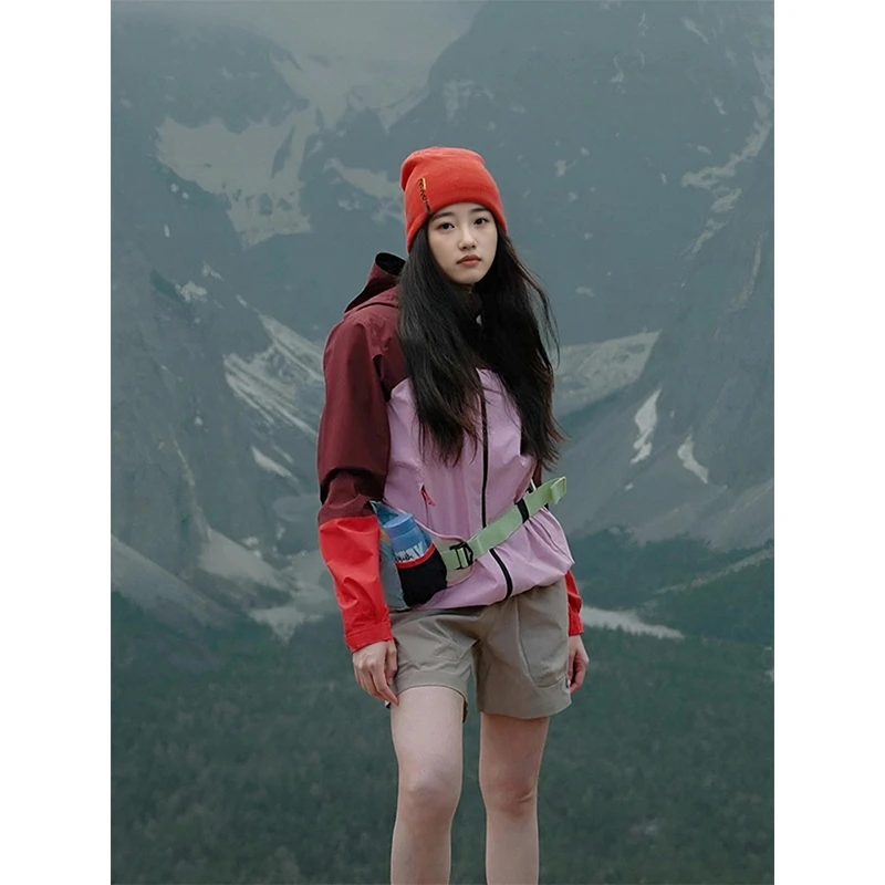 KSKM玫红拼色冲锋衣外套女2025春秋新款户外三合一徒步登山服夹克