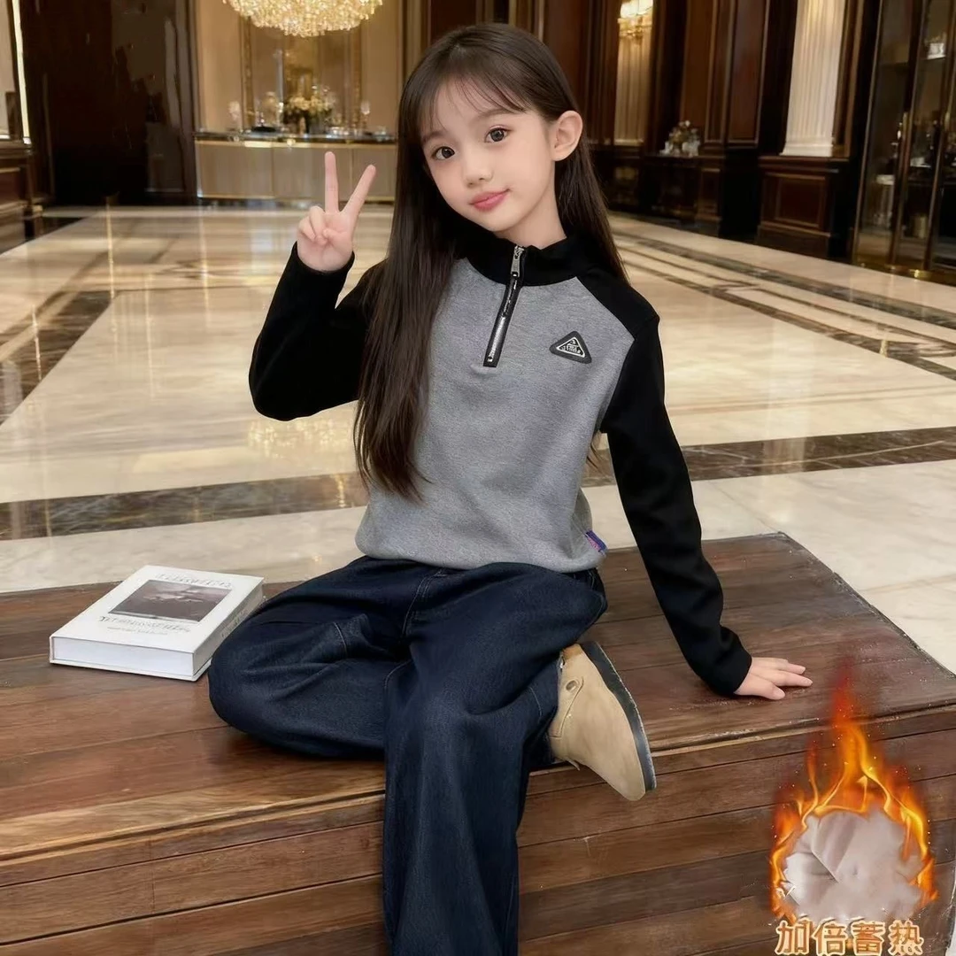 冬季休闲女童卫衣半高领秋冬加绒新款儿童长袖百搭加厚保暖上衣