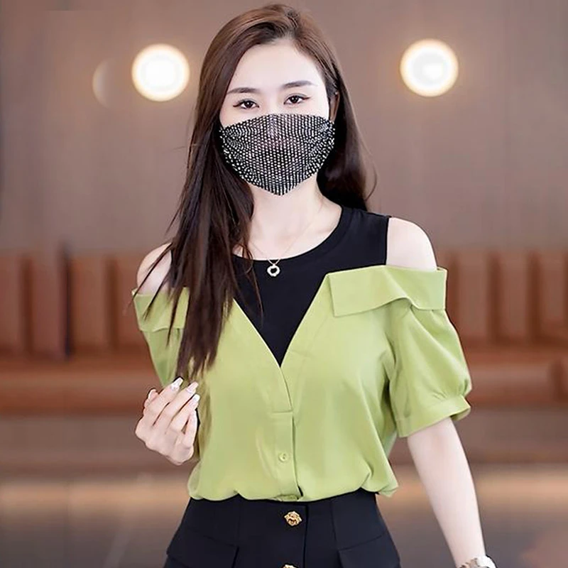 假两件露肩短袖衬衫女2025年夏季新款设计感小众上衣遮肚显瘦小衫