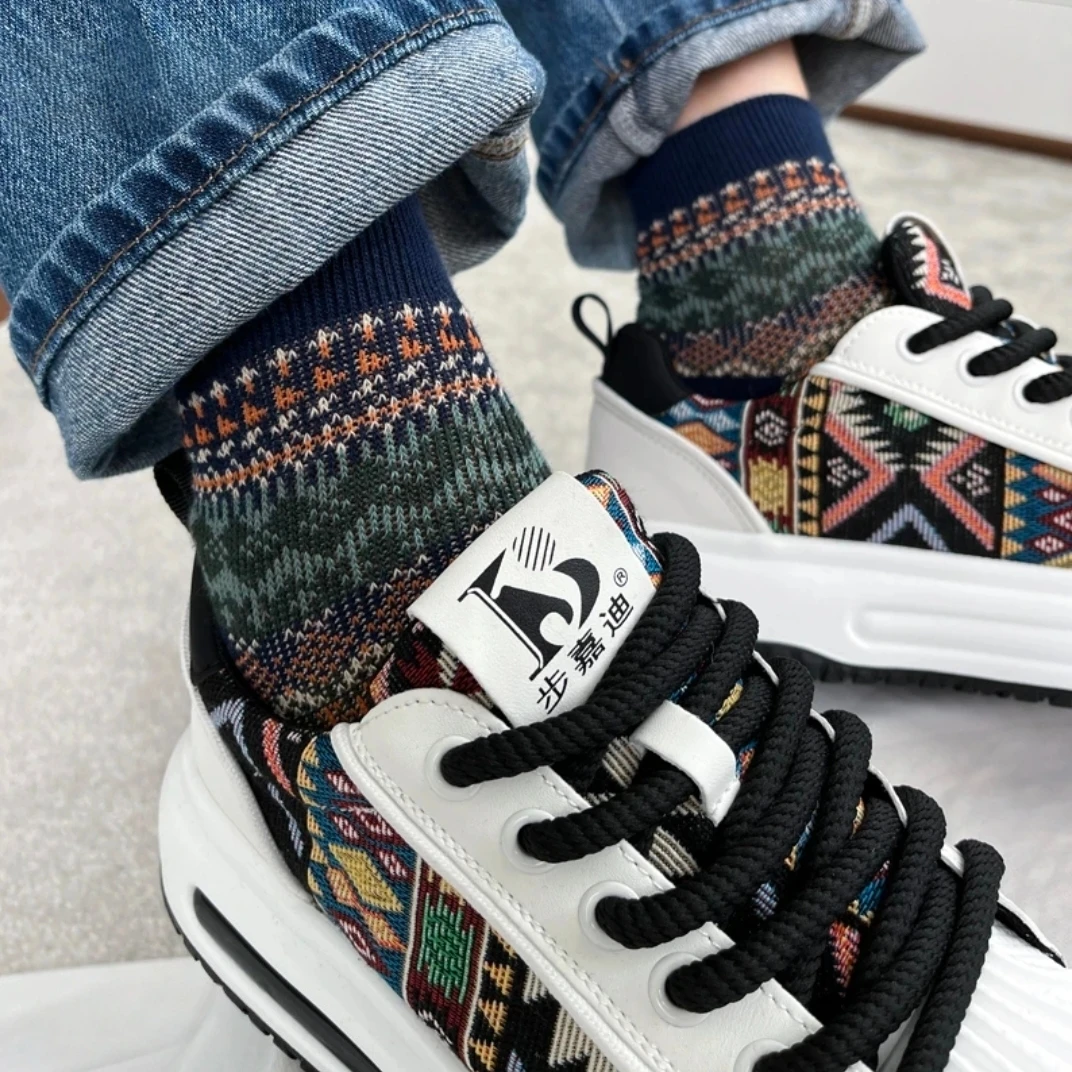 男袜咔叽风秋季新品复古民族风短袜精梳棉双针双路秋冬季男中筒袜