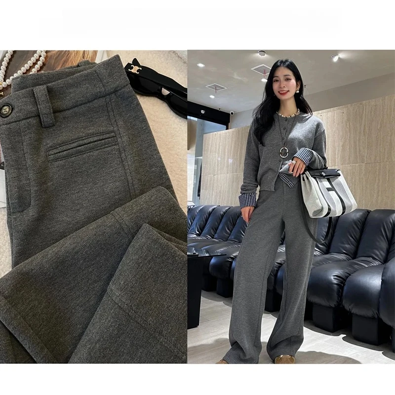 灰色羊毛呢阔腿裤女秋冬季2025新款宽松直筒休闲裤高腰显瘦糯米裤