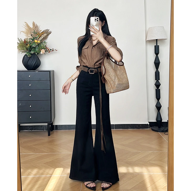 乔栈早秋新款黑色老钱风不贴腿喇叭牛仔裤女高腰提臀显瘦气质穿搭