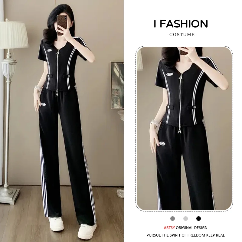 慵懒风时尚运动服套装女2025年夏季新款洋气开衫短袖阔腿裤两件套