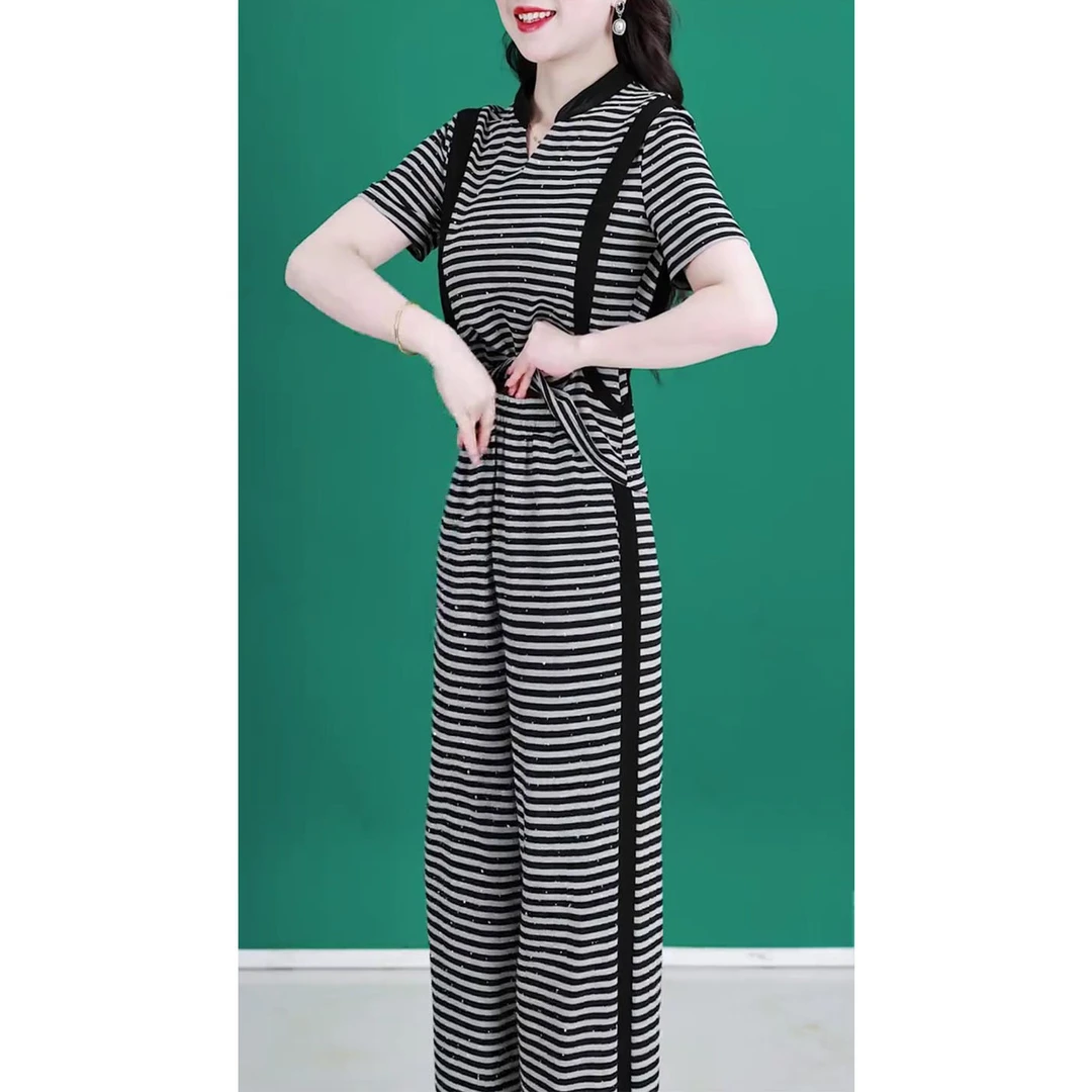 时尚短袖套装女2025夏季新款洋气设计感条纹上衣阔腿裤休闲两件套