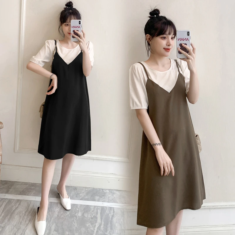 孕妇2025夏季新款时尚韩版宽松显瘦辣妈外出拼接假两件连衣裙
