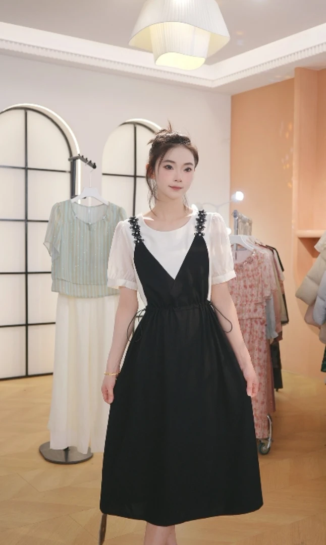 F2997时尚假两件撞色拼接连衣裙夏季新款抽绳设计感中长款A字裙