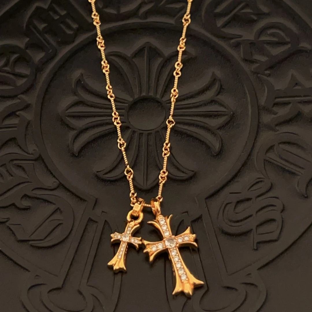 铜合金项链 【001】克罗双十字架项链男生项链金色白钻欧美高级感