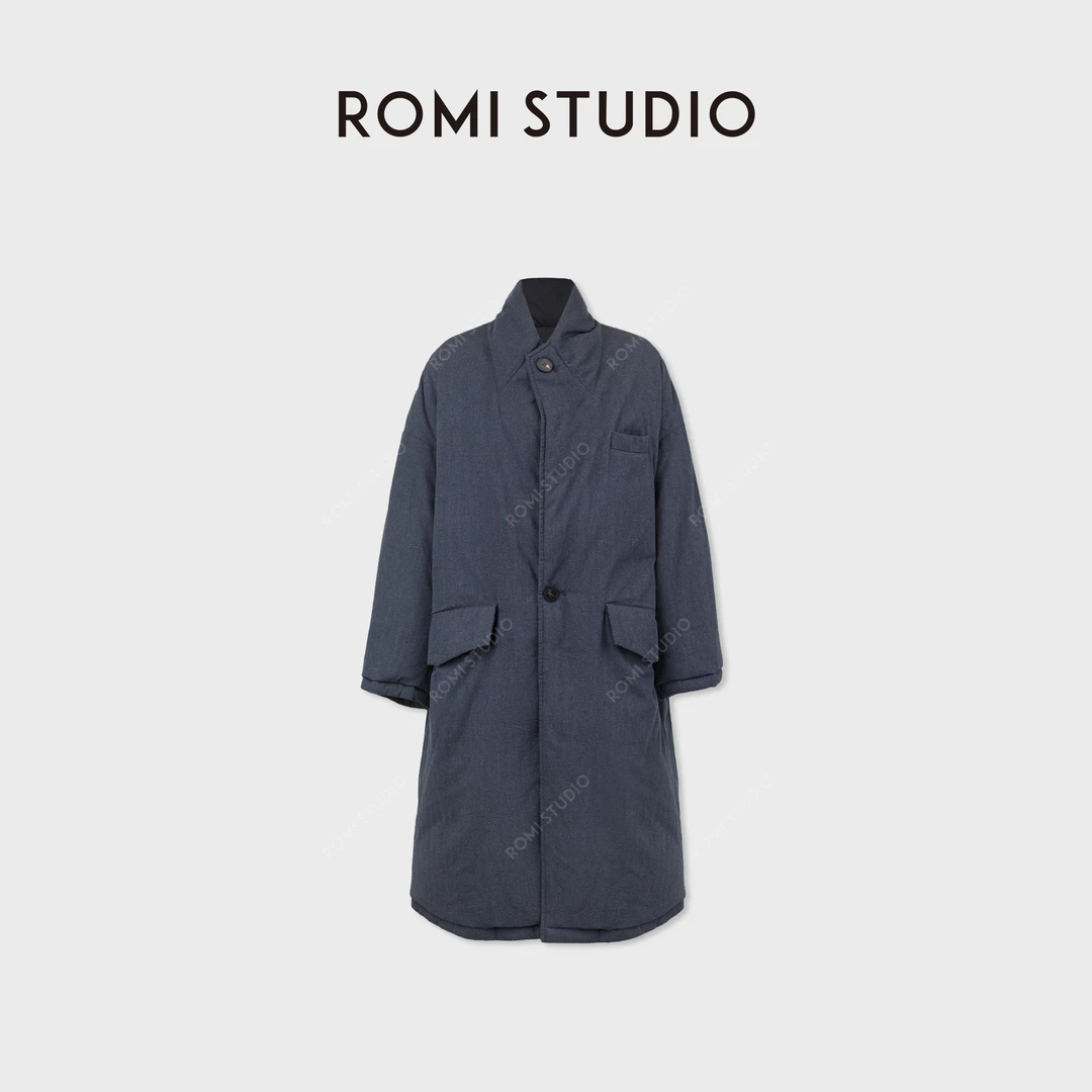 ROMI STUDIO95白鹅绒 双面双穿人字纹保暖长款羽绒外套RWCWW86210