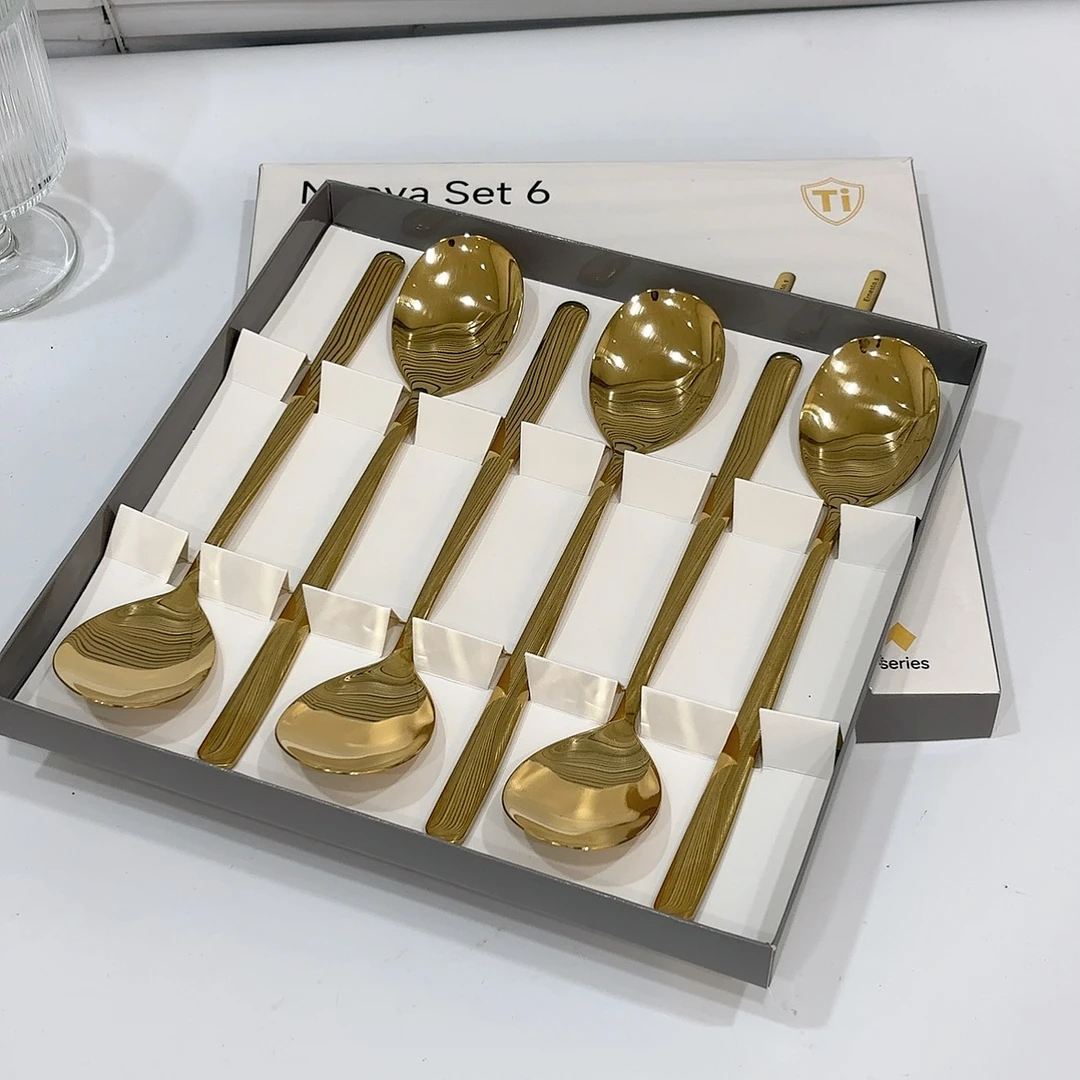 【6支装】金色不锈钢勺子韩式长柄勺家用搅拌勺吃饭餐勺创意礼盒