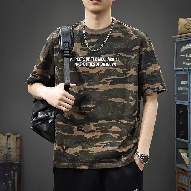 迷彩短袖t恤男2025新款港风男士扎染T恤印花港风美宽松体恤半袖衫