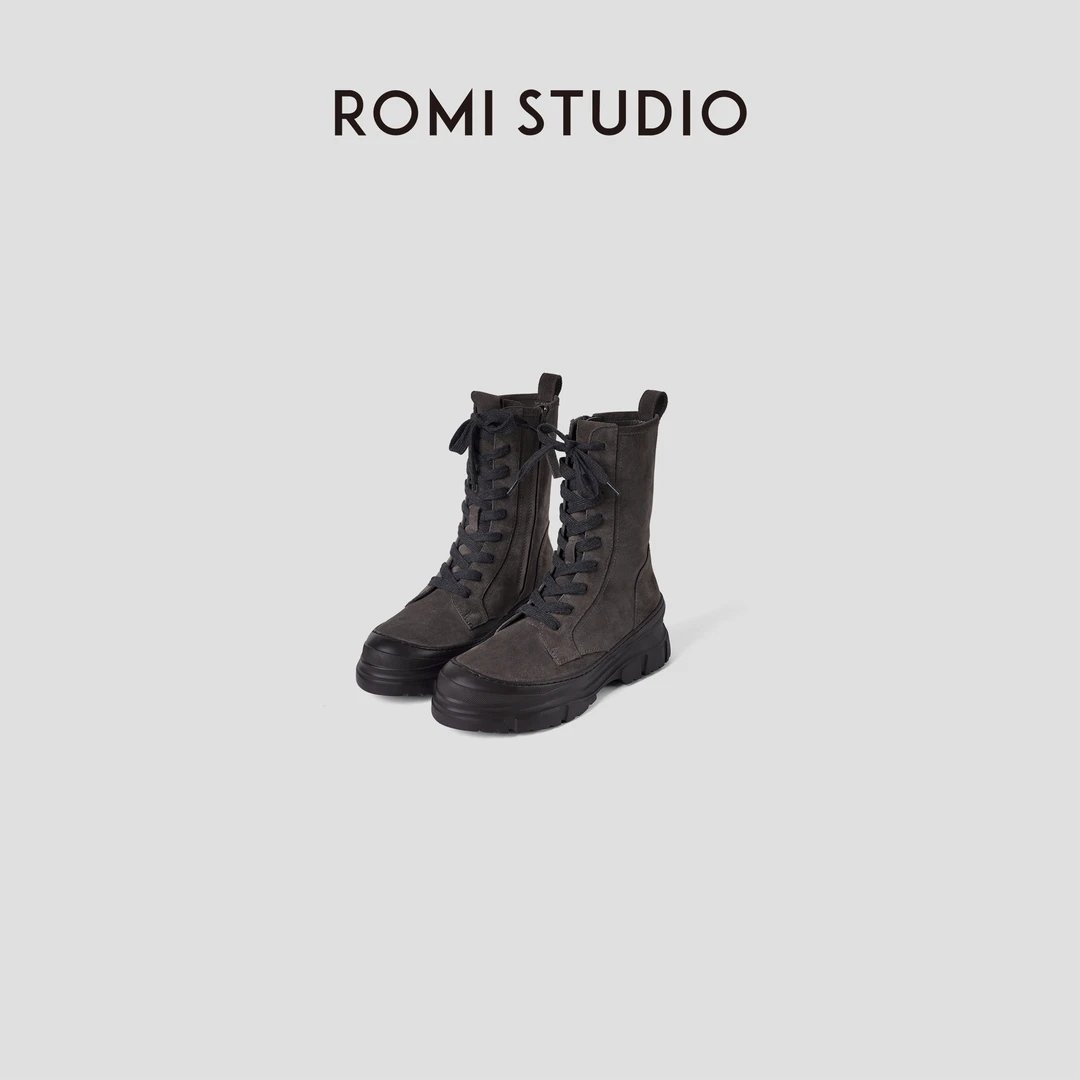 ROMI STUDIO“从容自我”牛反绒厚底多地形系带侧拉链短靴 437D4020