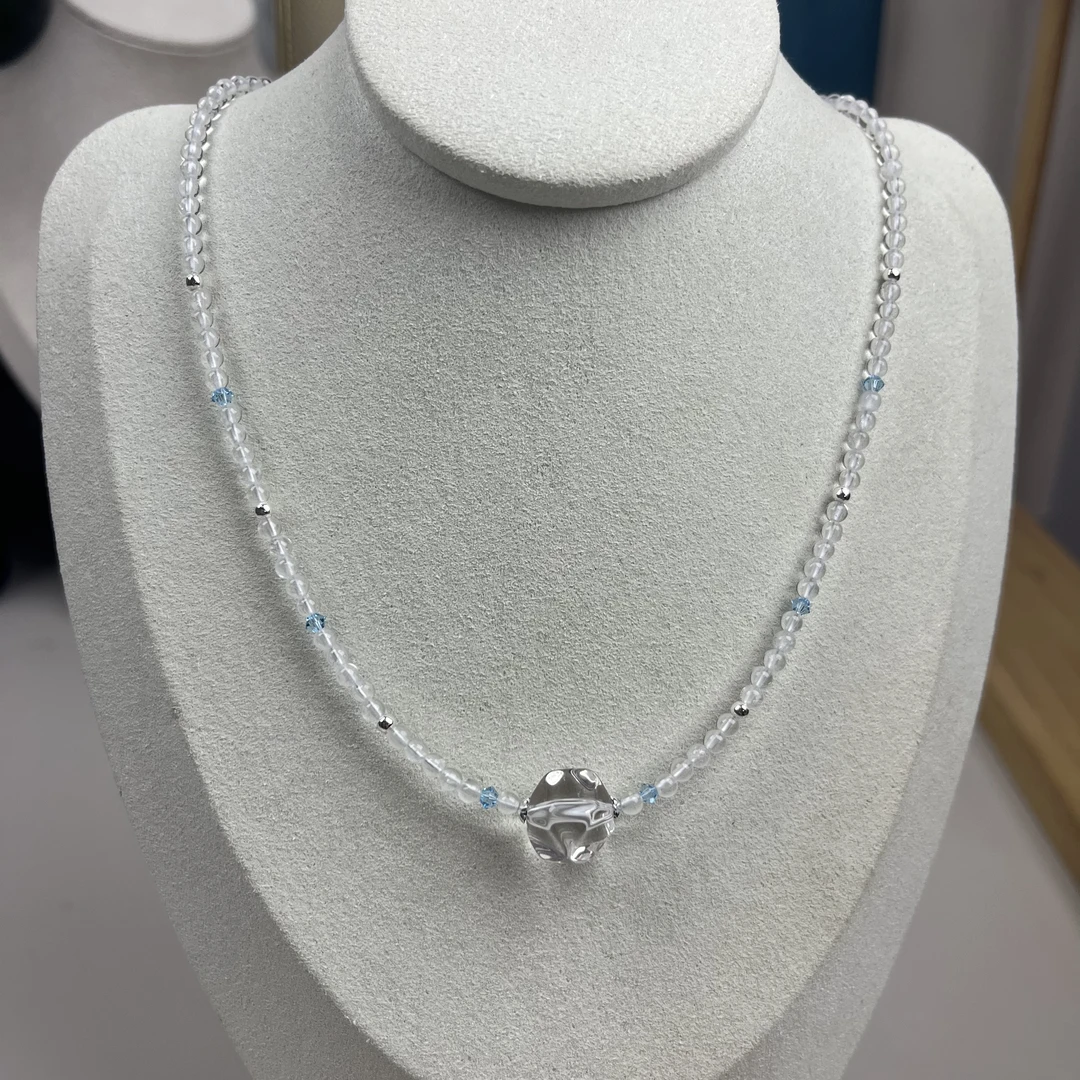 单颗多面形白水晶项链银配件X347080