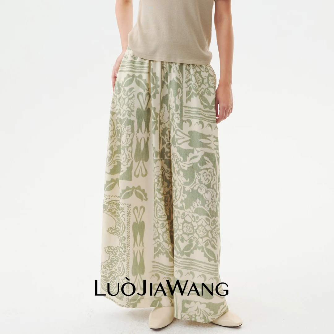 100%桑蚕丝艺术花纹复古宽松设计款百搭松紧腰阔腿裤LUOJIAWANG