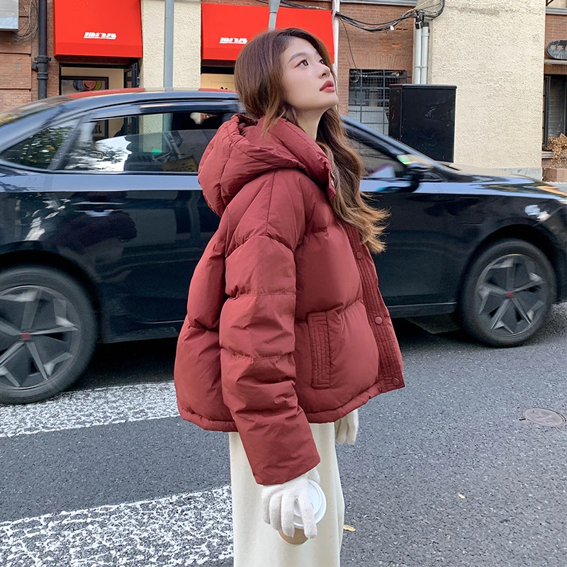 安可拉红短款连帽羽绒服女冬季洋气时尚显白小个子加厚面包服外套