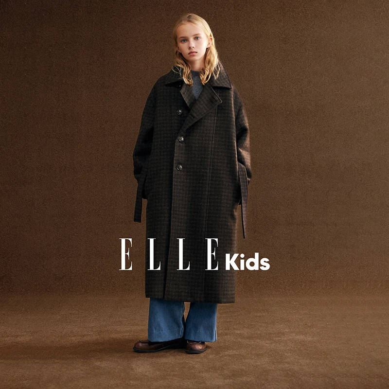 ELLE KIDS童装 可拆卸腰带格纹呢大衣女儿童冬季中长款呢子外套D6