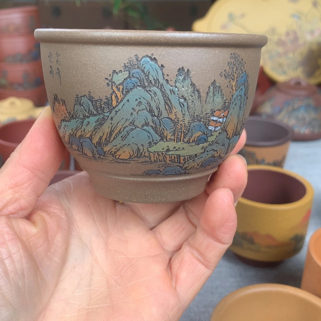 紫砂茶杯大容量彩刻山水