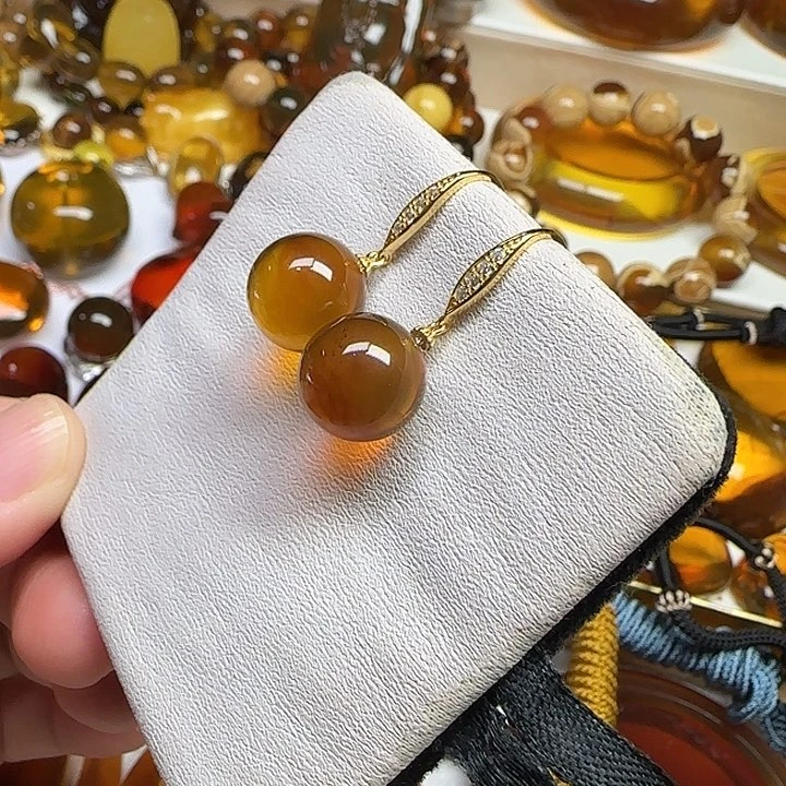 琥珀未镶嵌耳饰天然缅甸琥珀圆珠耳坠