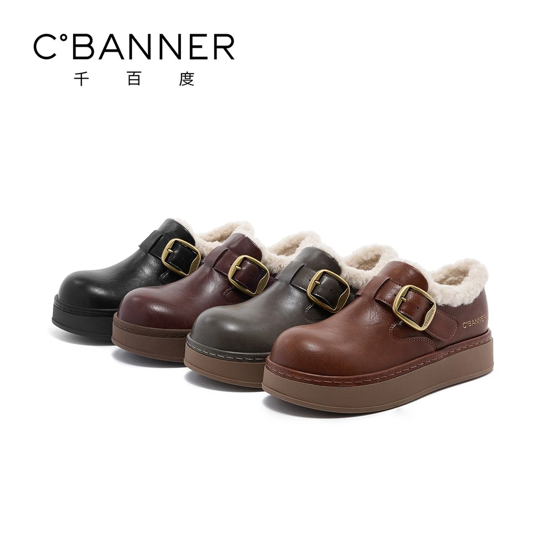 千百度时尚软底休闲鞋女2025新款搭扣设计感加绒舒适勃肯鞋圆头