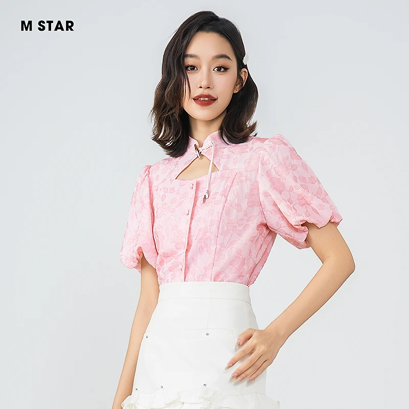M-Star夏季新款新中式改良泡泡袖提花衬衫上衣女士气质SFBS123858