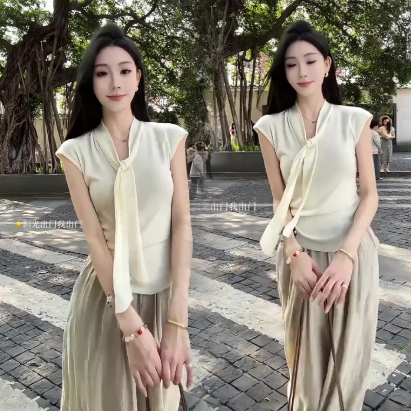 2025轻奢气质V领高智感飘带针织衫女夏季+高腰长阔腿裤时尚套装女