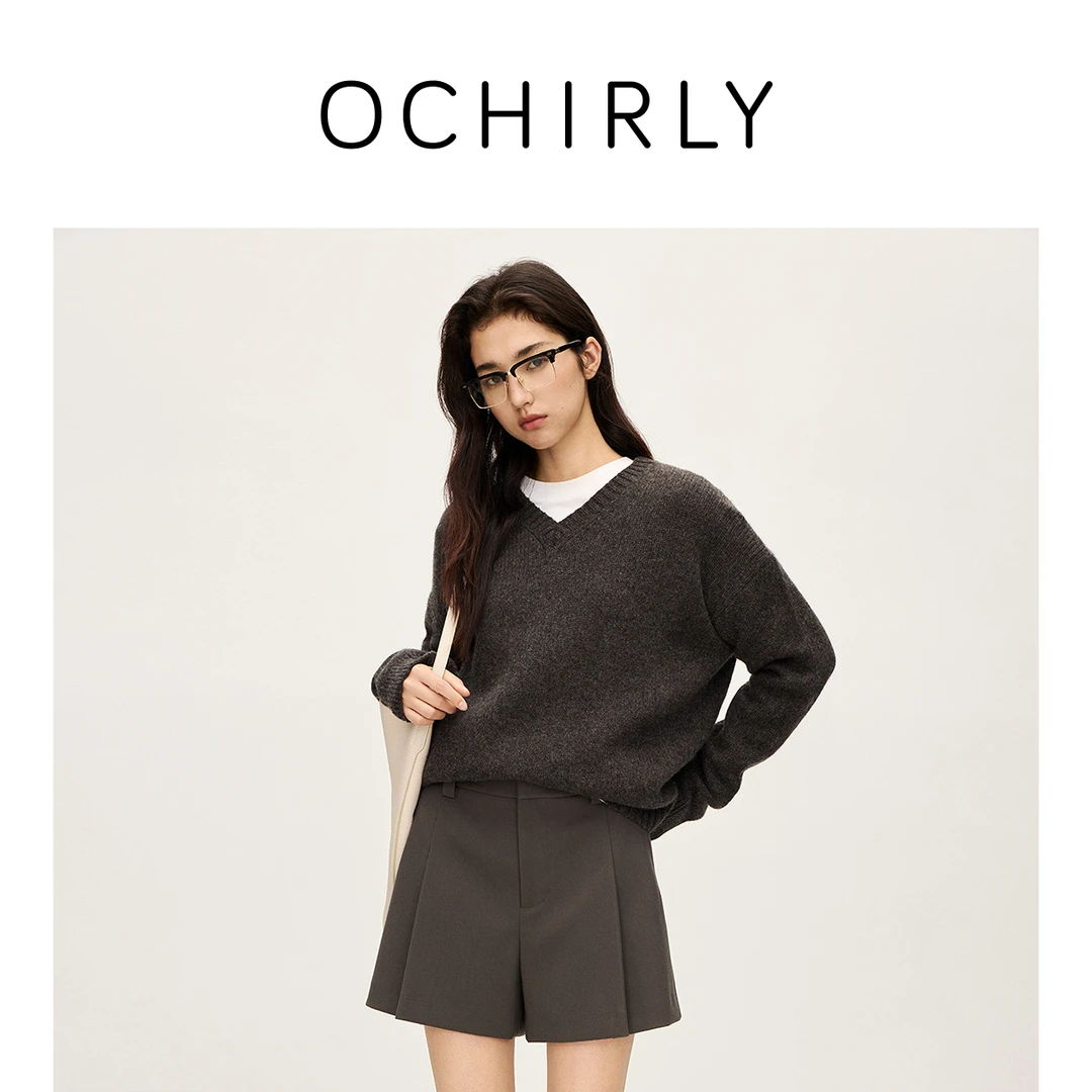 OCHIRLY欧时力牦牛绒羊毛套头百搭毛衣女上衣保暖V领气质秋冬新