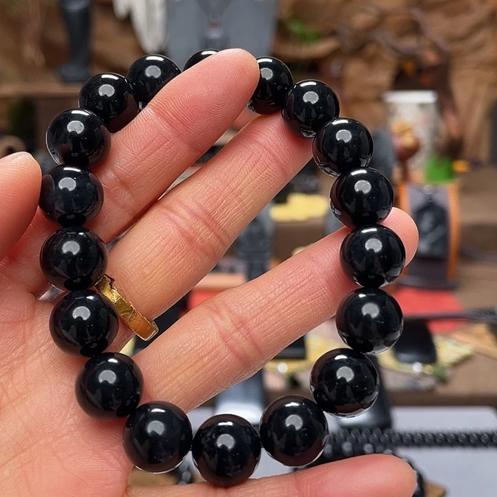 和田玉（墨玉）未镶嵌手串卡12圆珠微包容