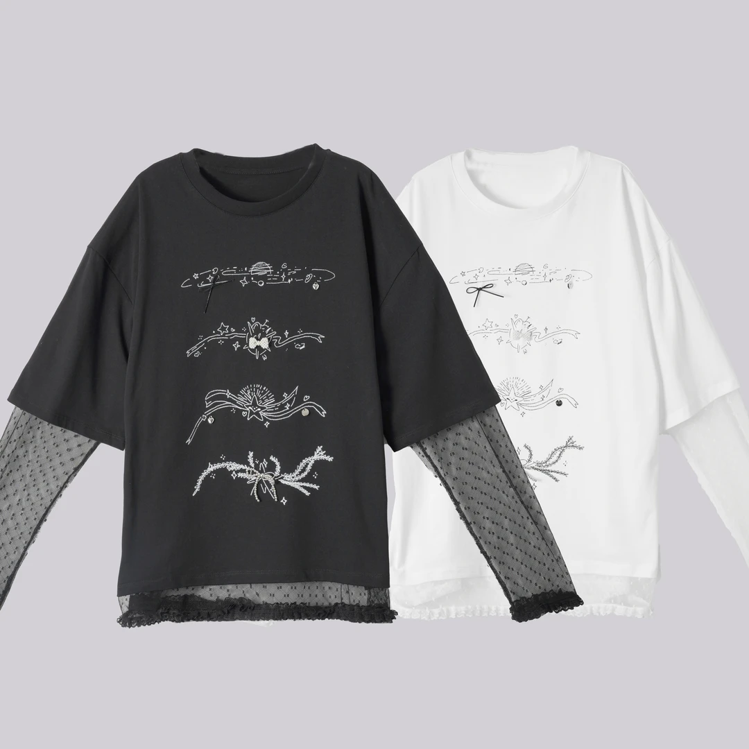 WKk   串珠拼接纱袖T恤