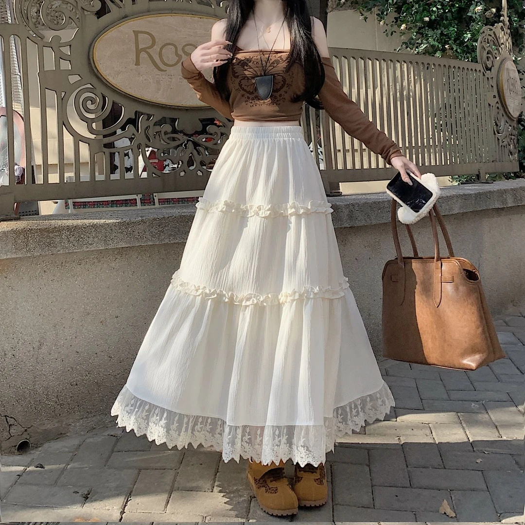 蕾丝下摆蛋糕裙中长款半身裙春季新款大码胖木耳边大摆长裙