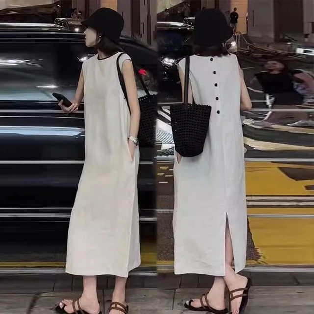 温婉大方衣服2025夏季新款女士法式高级感无袖连衣裙宽松显瘦休闲