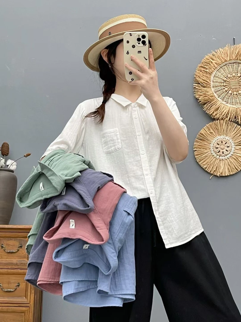 夏季新款女式宽松减龄显瘦复古百搭双纱棉薄款短袖衬衫