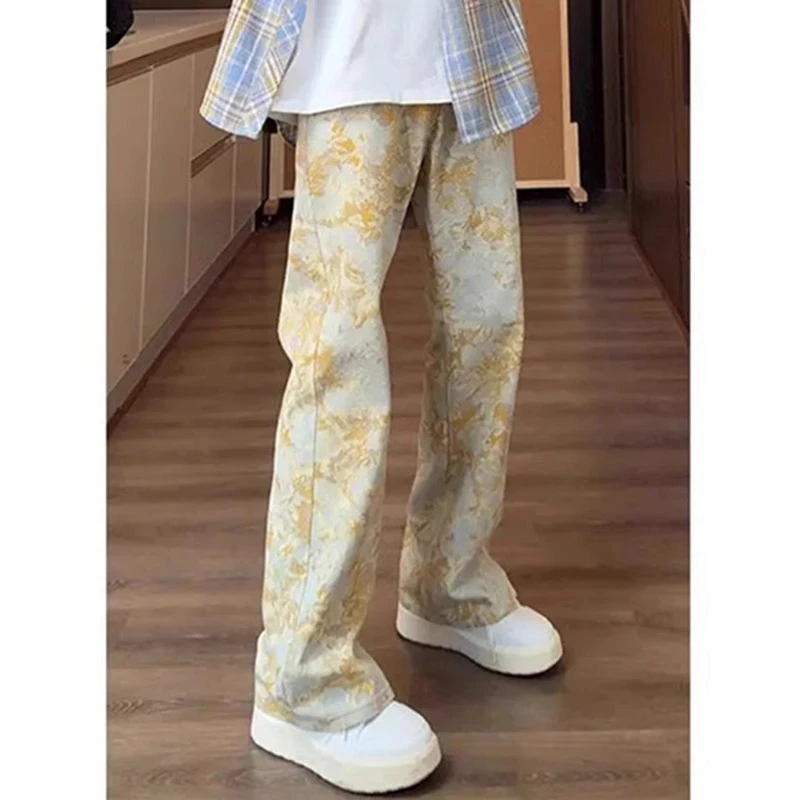 黄色满印提花牛仔裤男款春秋时尚高街裤子cleanfit直筒微喇弯刀DS