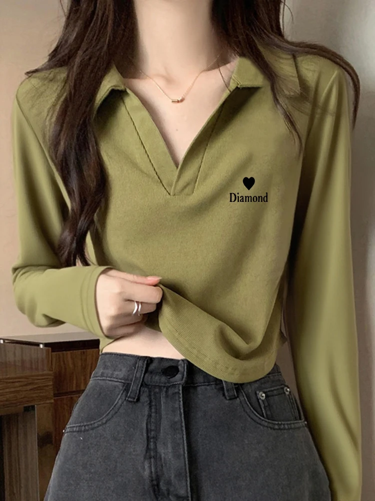 欧货百搭POLO领上衣V领洋气弧型下摆韩系t恤女长袖修身秋冬打底